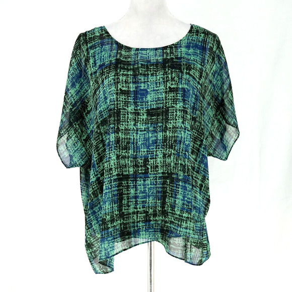 CAbi Tops - Cabi Top Womens Medium Green Blue Plaid Blouse Sheer Tank Liner attached